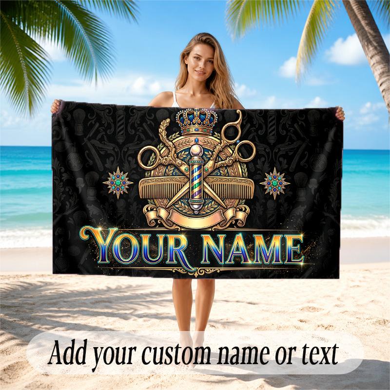 Barber Salon Theme Quick Dry Beach Towel Custom Name Text Print Large Sand Resistant Towel Beach Vacation