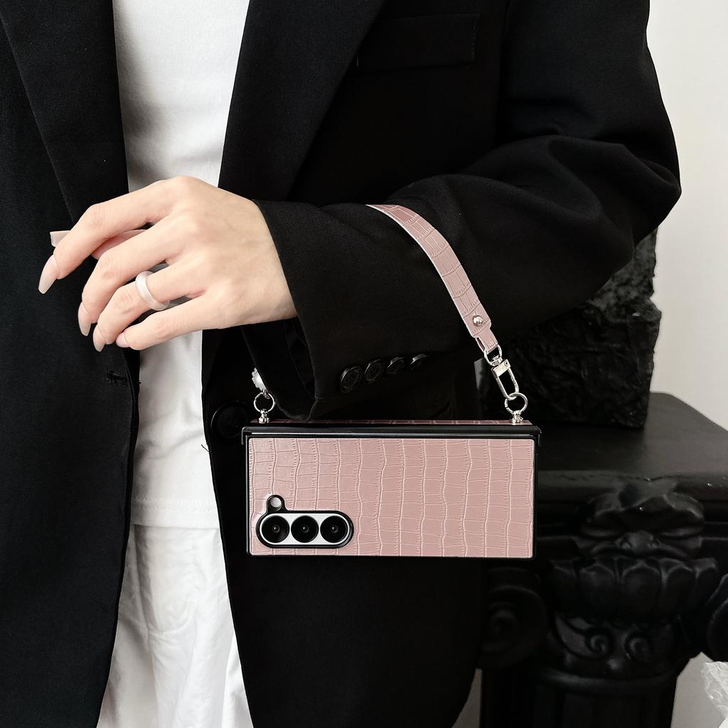 Wrist Strap Alligator Pattern PU Leather Phone Case for Samsung Galaxy Z Fold 6 5 4 3 5G Protection Shockproof Cover