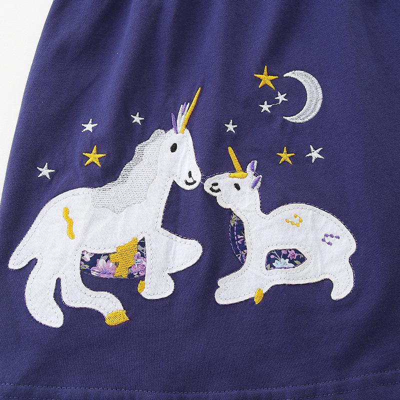 Autumn Unicorn Embroidery Princess Dress - European & American Style, Knitted Cotton for Girls