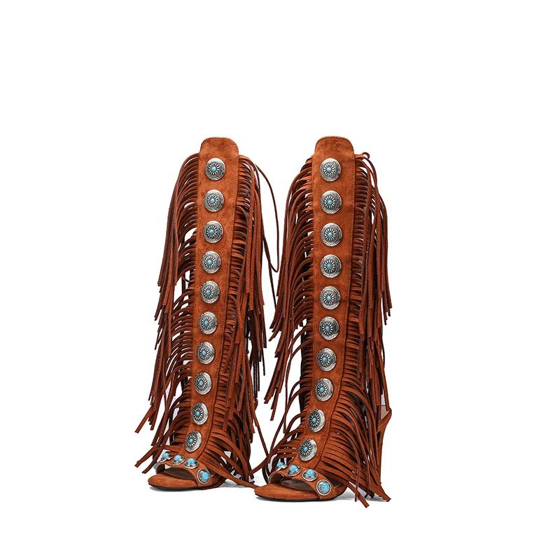 

Мода 2025 Лето Замшевая кожа Женские сандалии Пикантные туфли до колена на шнуровке с открытым носком Zapatos De Mujer Высокие каблуки 35 коричневый