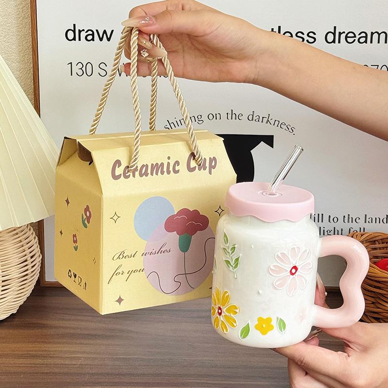 Birthday Gift for Best Friend Retro Flower Cup for Boys and Girls High End Ceramic Mug Souvenir Gift Box