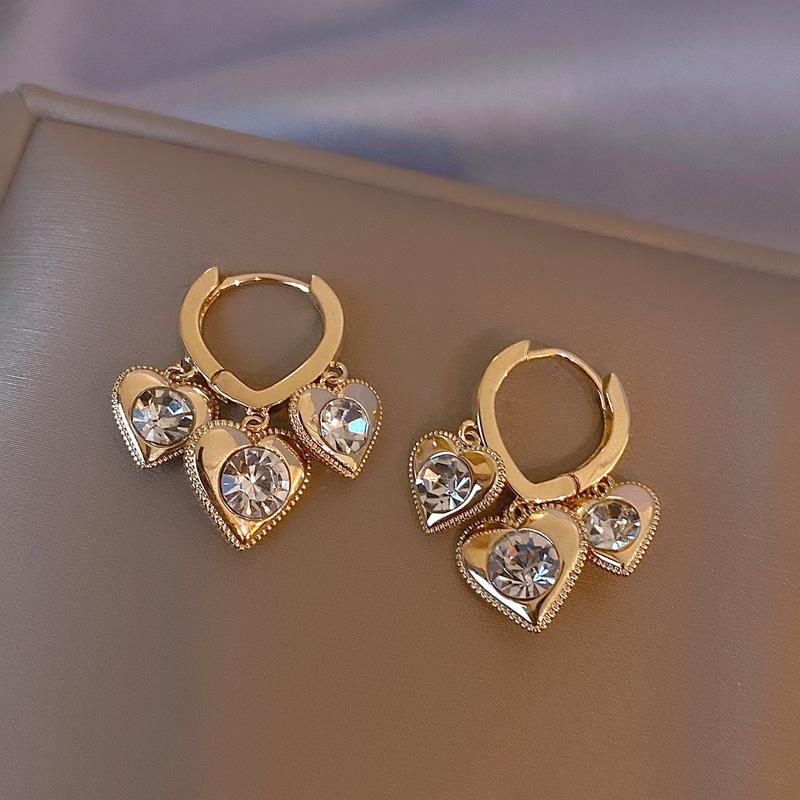 Boucles d'oreilles pendantes en forme de cœur à double couche de luxe pour femmes, bijoux de mariage coréen en cristal strass