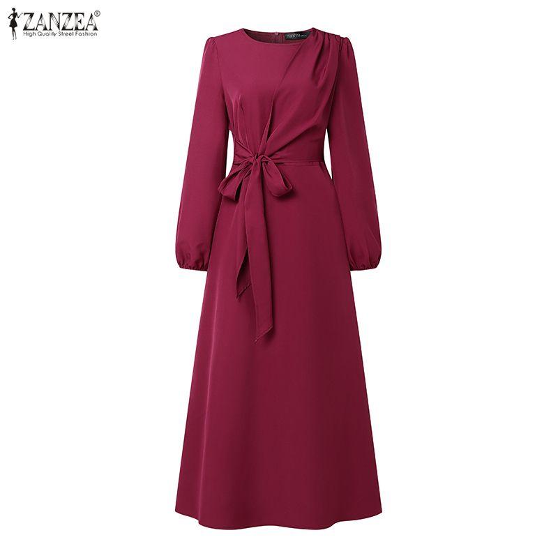 ZANZEA Women Muslim Casual Round Neck Long Sleeve Loose Dress