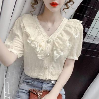 Koreanische Chic Rüschenbluse Damenhemd Weiß Chiffon Spitze Bluse Süßer V-Ausschnitt Französischer Vintage Palaststil Kurzarmtops
