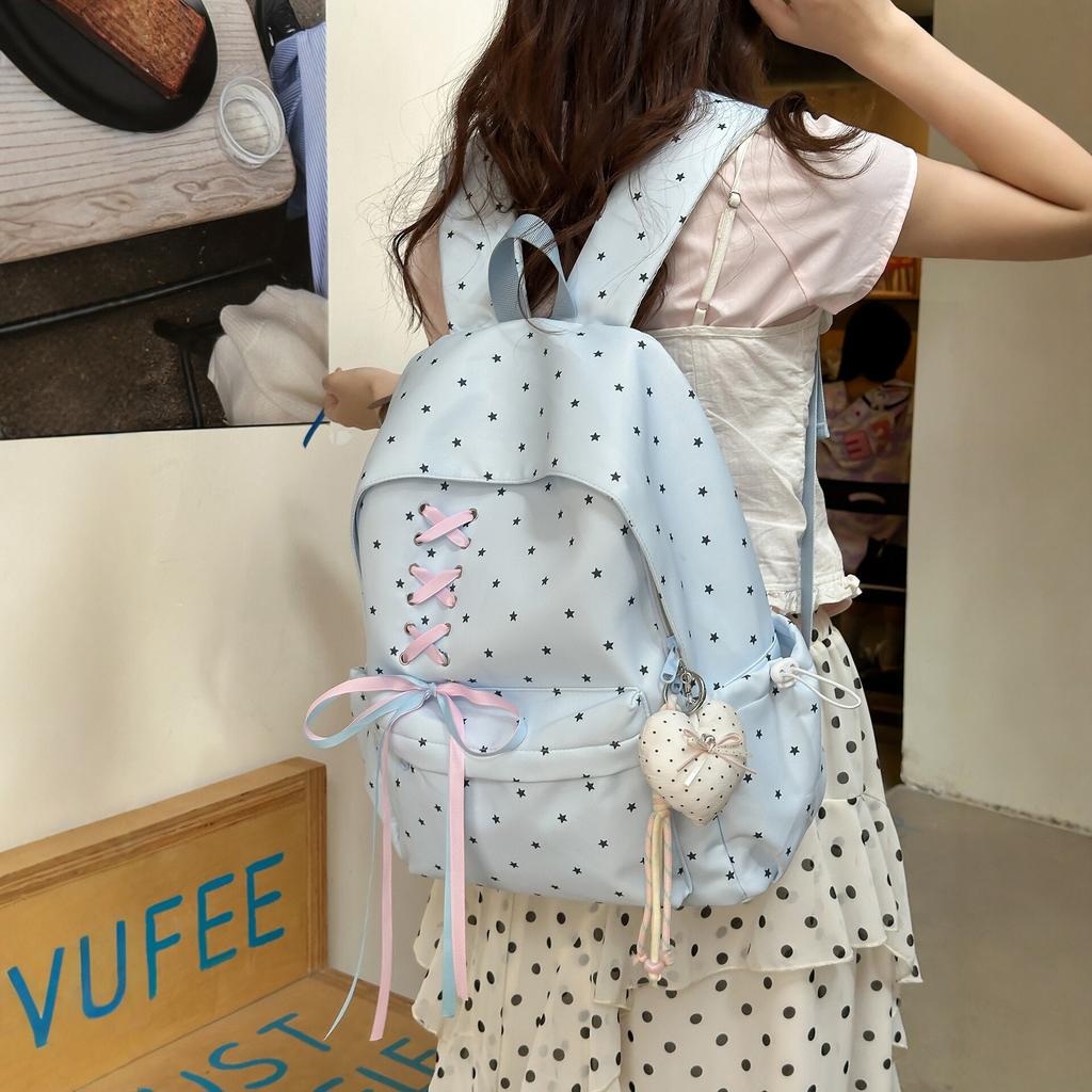 Schoolbag Star Bow Rope Backpack Women's Commuter Casual Large Capacity School Bag Lightweight Trend Versatile Fashion Backpack