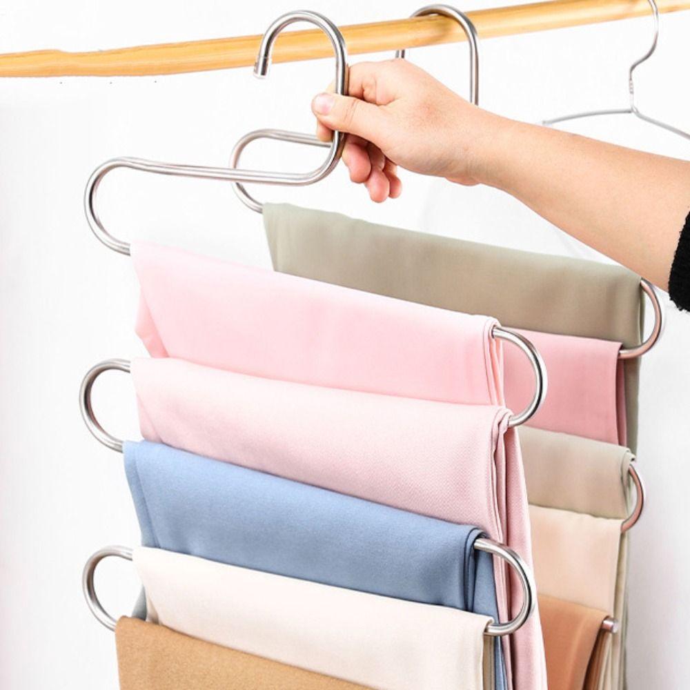 5pcs Stainless Steel Pants Rack Five-Layer Trouser Rack Multi-Layer Hanger  Wardrobe Organization