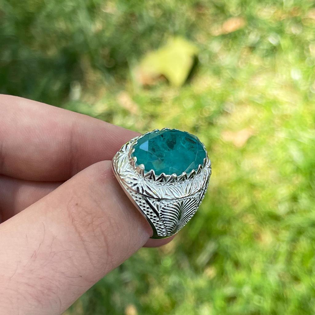 925K Ice Blue Paraiba Tourmaline Silver Men Ring, Unique Stone Men Ring, Turkish Handmade Artisan jewelry, Gift Idea for Men