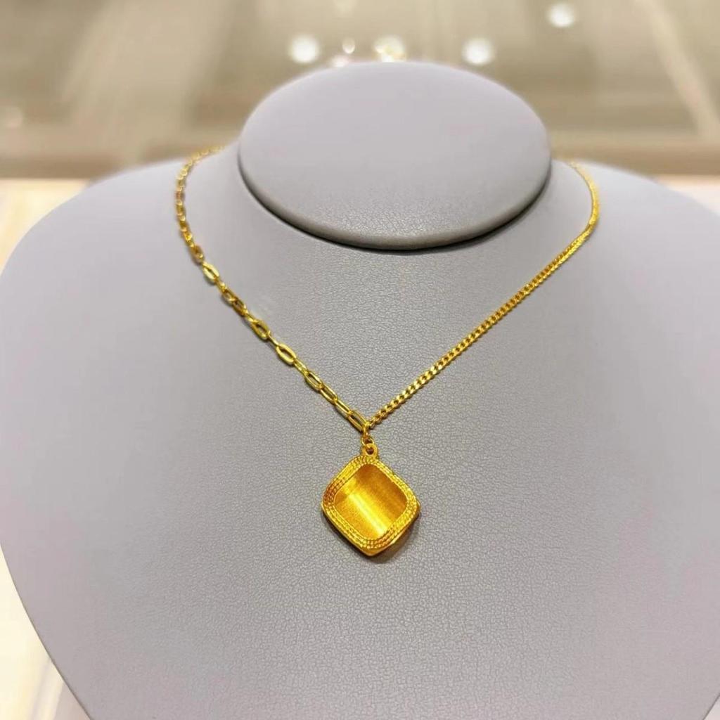Zhou Family Small Yellow Sugar Cube Necklace with Gold Brushed Finish On Square Link Chain and Imitation Vietnamese Sand Gold Pendant