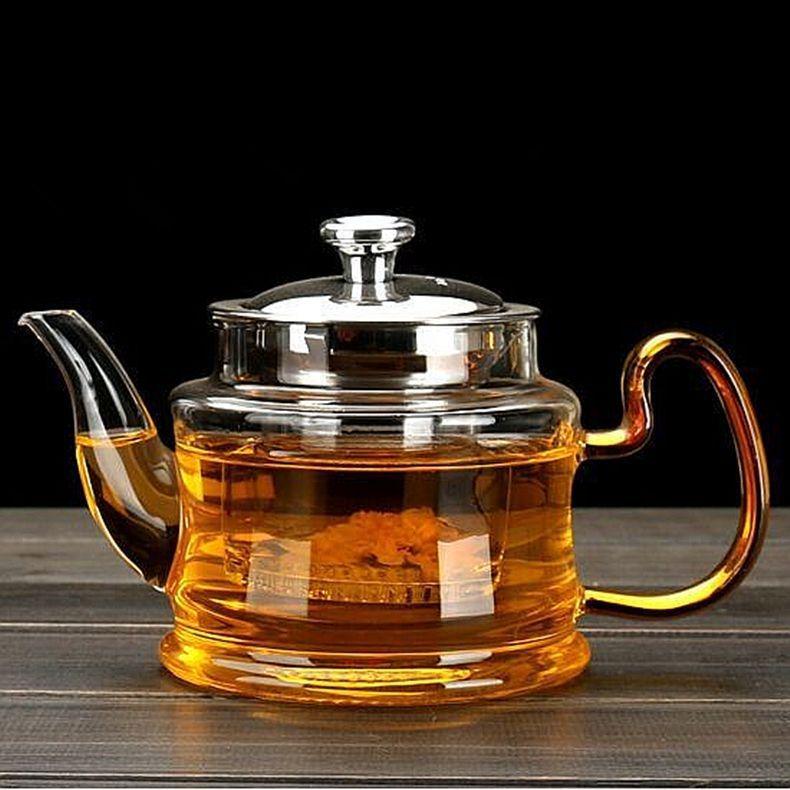 Heat-Resistant Glass Teapot Set with Stainless Steel Infuser and Colored Handle Teacups