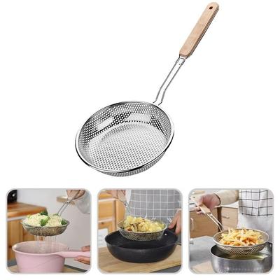 New Thickened Stainless Steel Strainer Fine Mesh Long Handle Dumpling Strainer Wooden Handle Skimmer Spoon Kitchen Tool