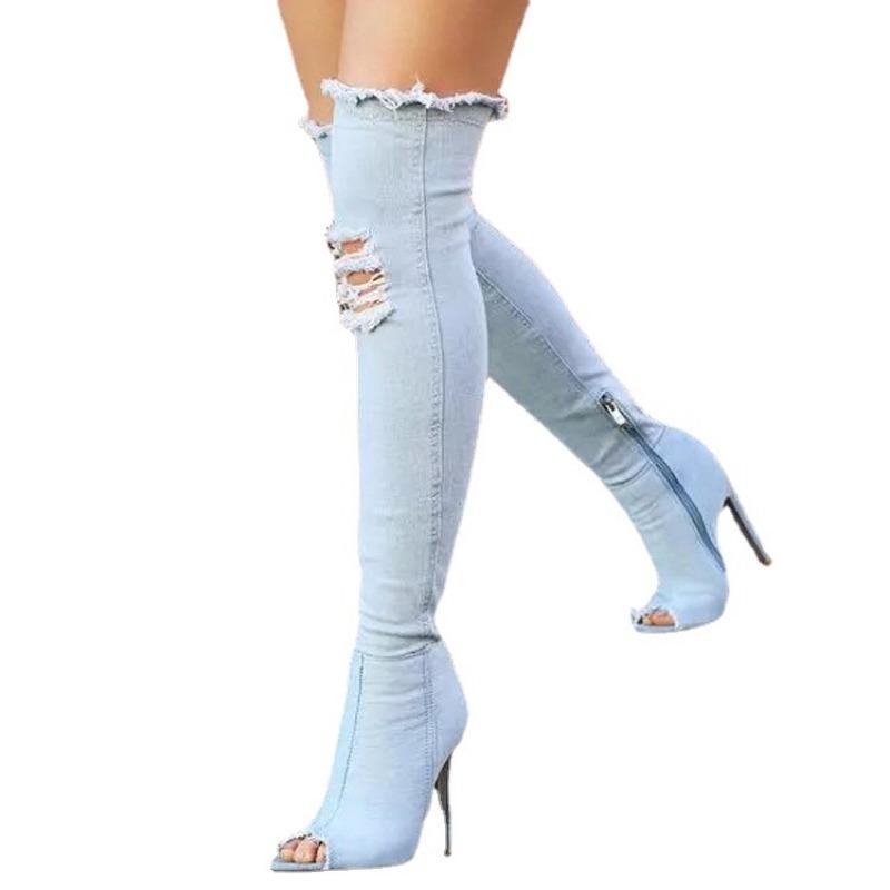 Autumn and Winter New Long Women's Cool Boots Super High Heel Elastic Denim Catwalk Fish Mouth Thin Heel Boots