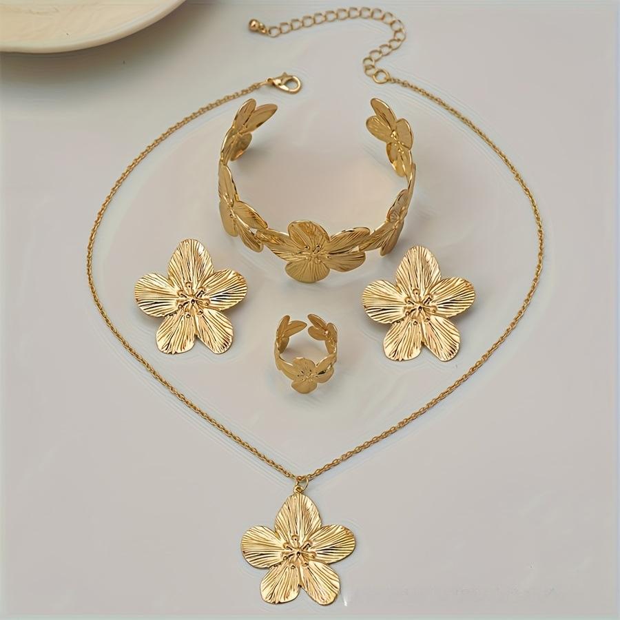 Flower Stud Earrings Premium Women's Petal Jewelry Set Metal Camellia Bracelet Ring Earrings Necklace