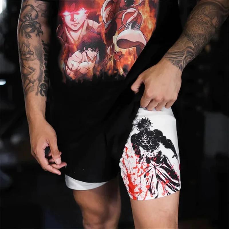 Calções de Treino Baki Grappler Calças Camada Dupla Boxe Muay Thai Kickboxing Treino Desenho Animado Japonês Animação Estampa 3D Ginásio Desporto Treino Fitness Cosplay Unissexo