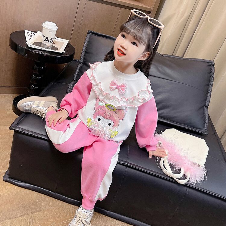 Girls Spring Autumn Cartoon Sweatshirt Set Stylish Lace Trim Baby Two Piece Outfit