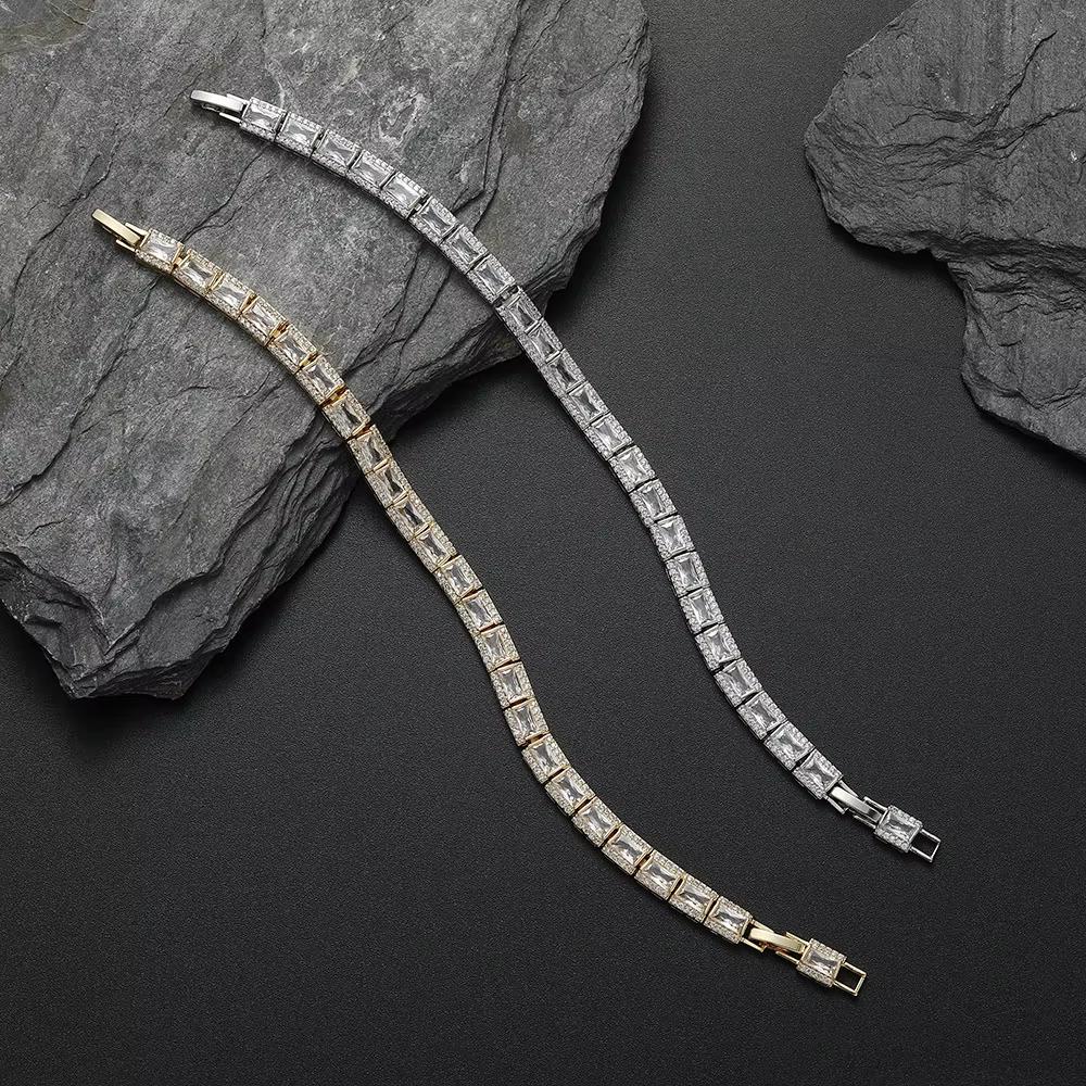 Luxury Baguette Zirconia Bracelet Rectangular Step Cut Tennis Bracelet Brass Gold Plated High End Jewelry for Women