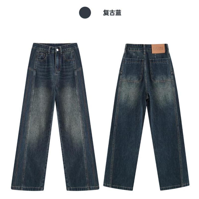 Retro blue scimitar wide-leg velvet jeans women's autumn and winter, new high-waisted loose straight pants