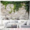 Rustic Ivy Stone Wall Tapestry, Weathered Gray Brick with Trailing Green Vines, Vintage Nature Wall Art