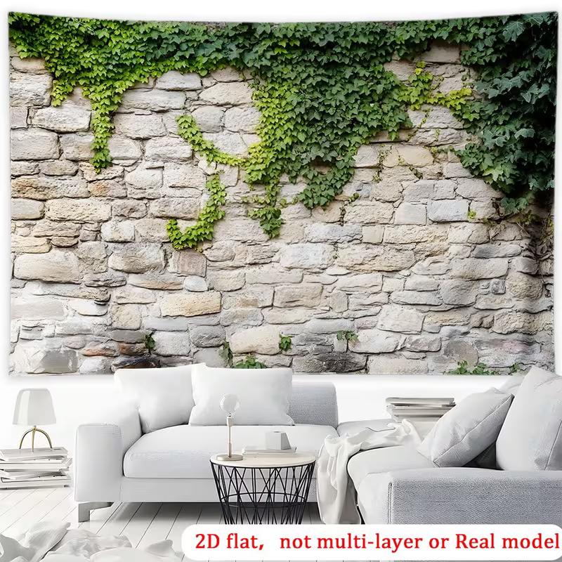 Rustic Ivy Stone Wall Tapestry, Weathered Gray Brick with Trailing Green Vines, Vintage Nature Wall Art