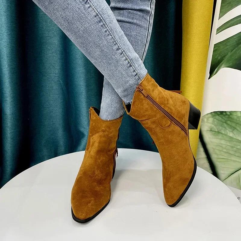 Fashion Shoes Female 2024 Plus Size Ankle Women's Boots Retro Modern Boots Women Fringe Pointed Toe Side Zip Chunky Heels Ladies Shoes
