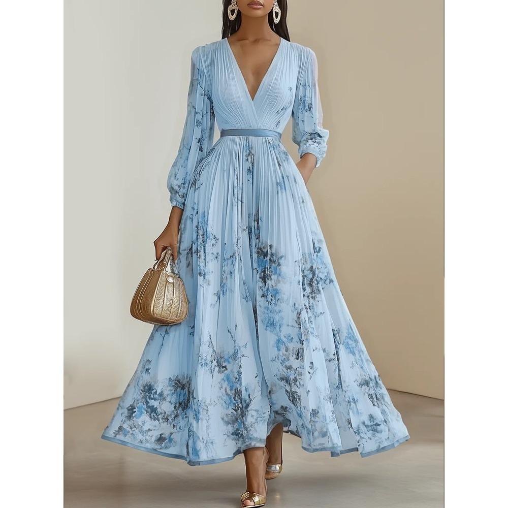 Europe, Amérique, automne et hiver, robe longue plissée mode à manches longues et col en V imprimée pour femme