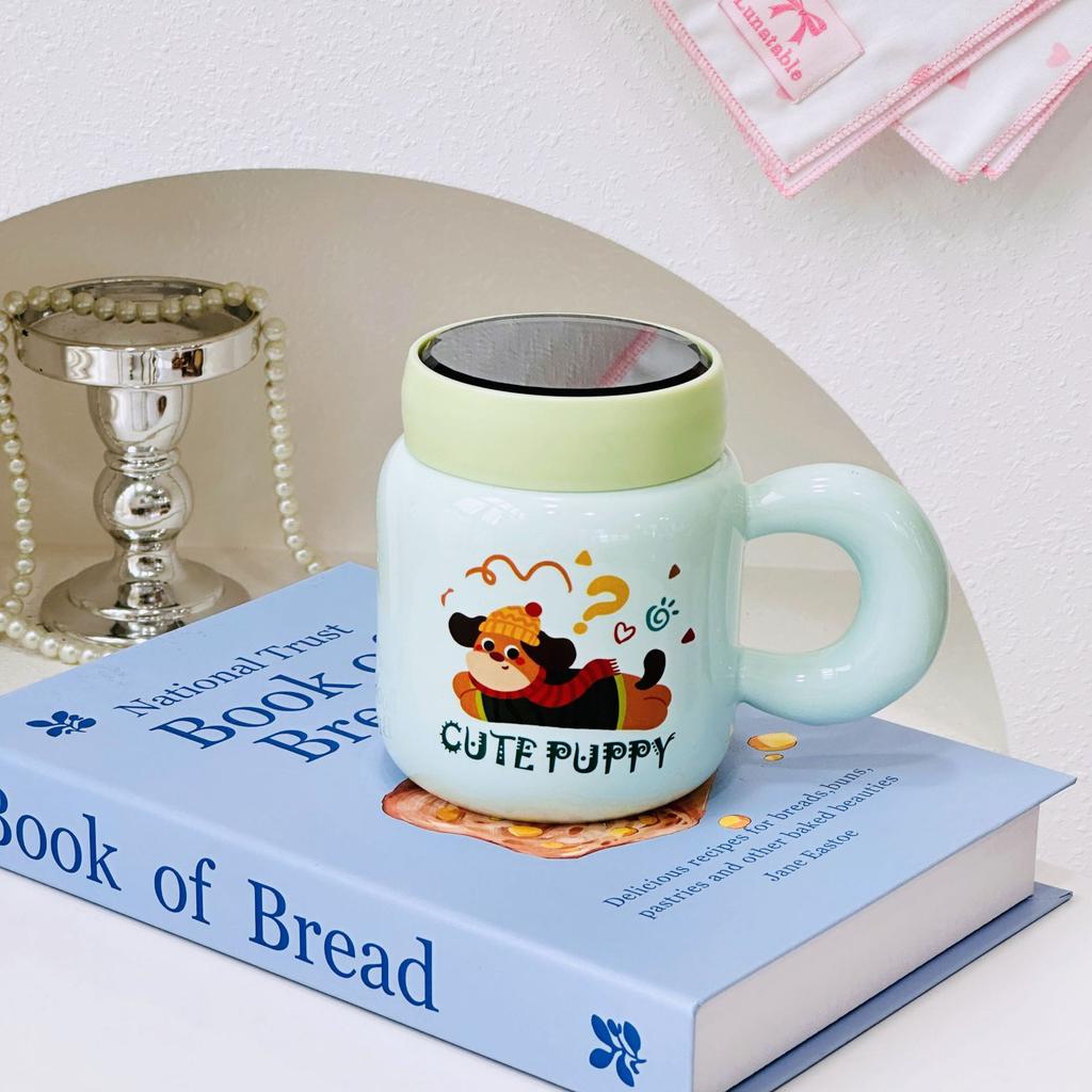 Cartoon Doodle Ceramic Cup with Lid for Girls Birthday Gift Couple Water Cup High Looking Animal Mug for Girlfriend