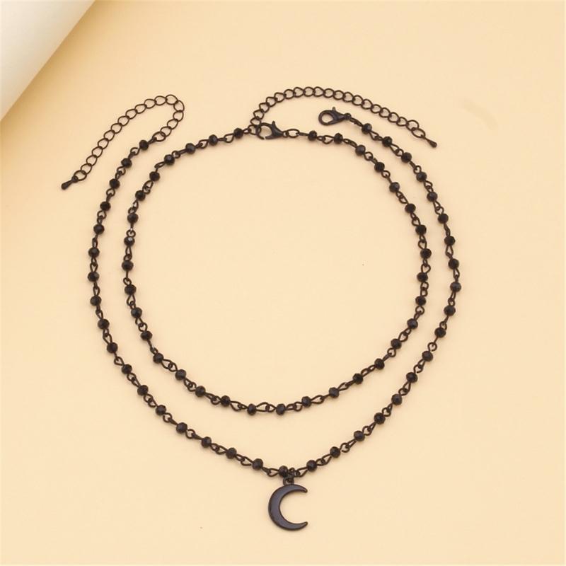 Fashionable Beaded Necklace Moon/Crucifix Pendant Collarbone Chain Elegant Double Layer Neckchain Choker Acccessory