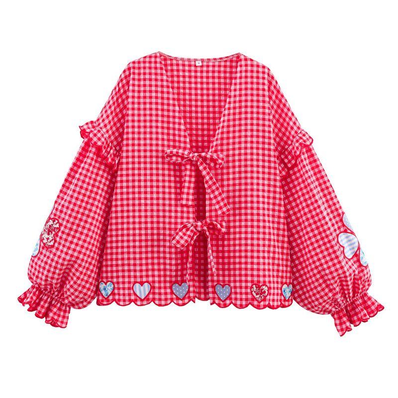 

Kaslead New Women clothes Western Style Fashion Simple Love Heart Plaid Embroidery Lace-up Shirts Red L