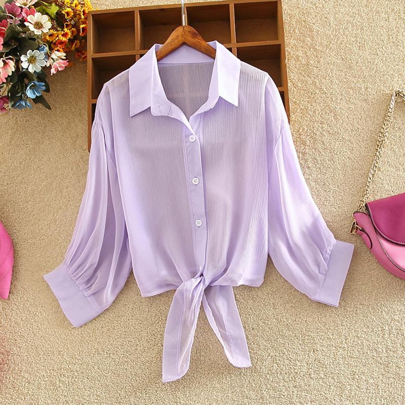 Ležérní volné duté bílé oblečení elegantní jednobarevná vázaná pasová halenka ženy letní netopýří poloviční rukáv knoflík šifonová košile