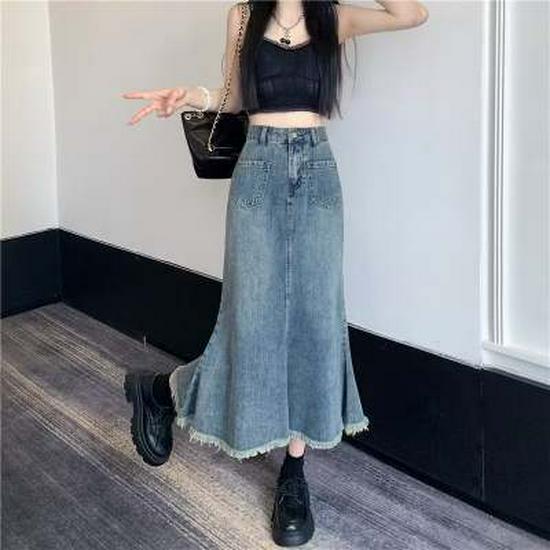 Autumn 2024 Women's High Waist A-Line Denim Midi Skirt