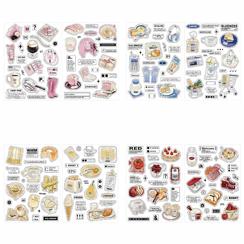 

4 Bags Korean Minimalist Food Daily Synthetic Paper Stickers For Scrapbook Stationery DIY Decoration Phone Case Notebook