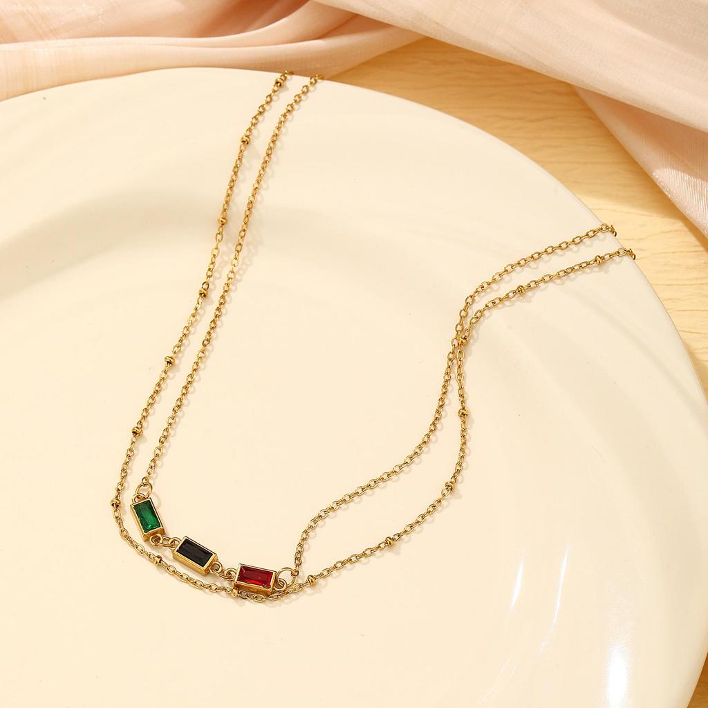 Retro Crystal Rectangle Stainless Steel Necklace - Women's Versatile High-End Design