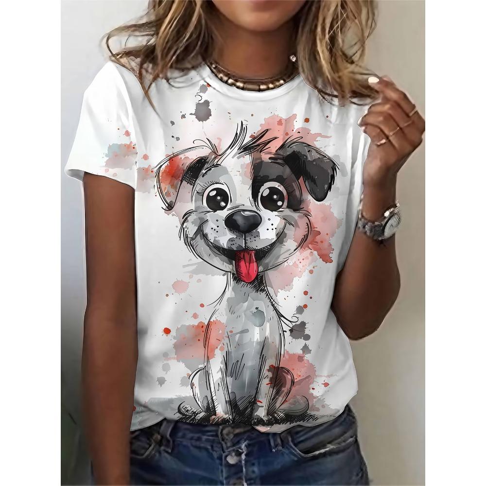 Lady Cute T-shirts Crew Neck Short Sleeve Cartoon Dog Print T Shirt Women's Outfits Casual Daily Wear