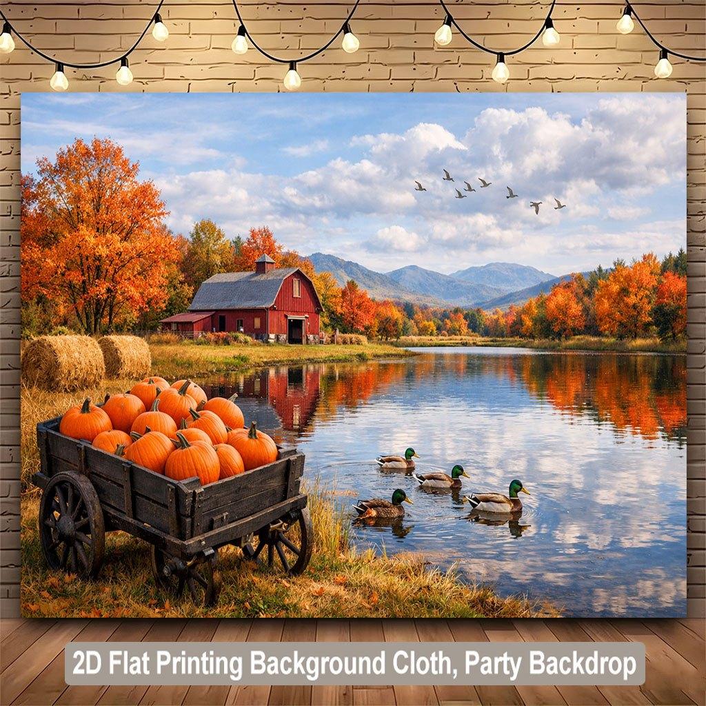 2D flat design 1 piece. Autumn farm scenery background cloth with a beautiful aesthetic appeal suitable for room decoration.