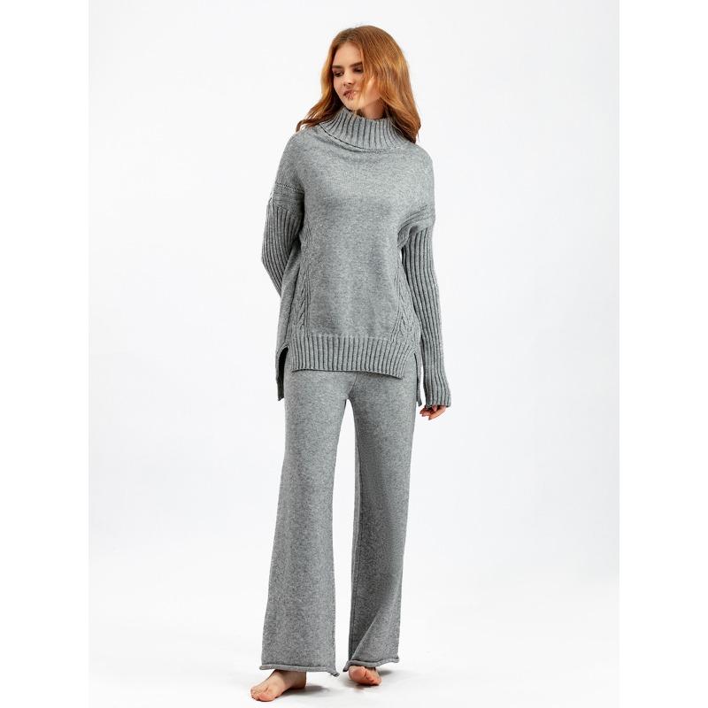 Autumn and Winter New Sweater 2piece Set for Women Lazy Style Loose High-neck Suit for Women Fashionable Casual Wide-leg Pants