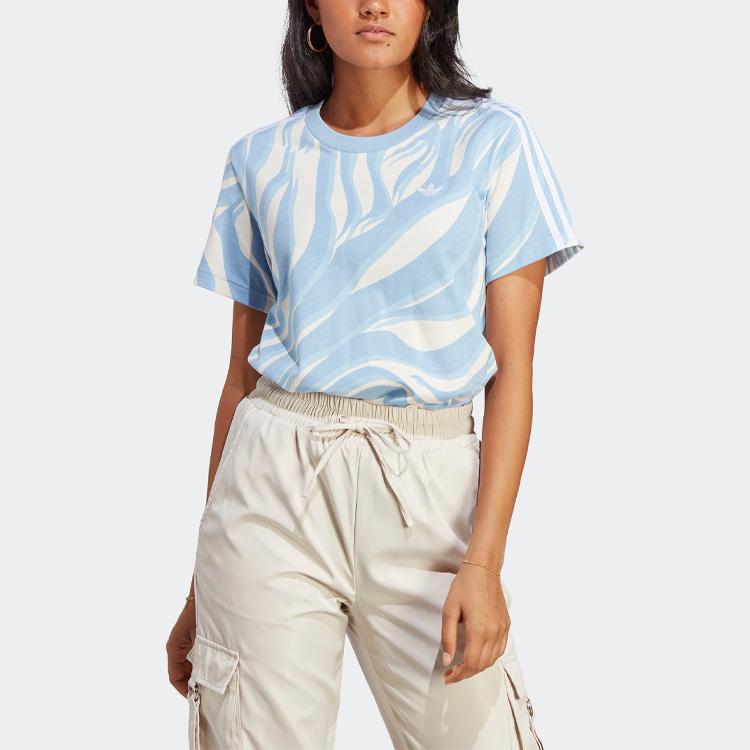 Adidas Logo Printed Sports Short Sleeve T-Shirt Women Tops Sky-Blue IJ8193