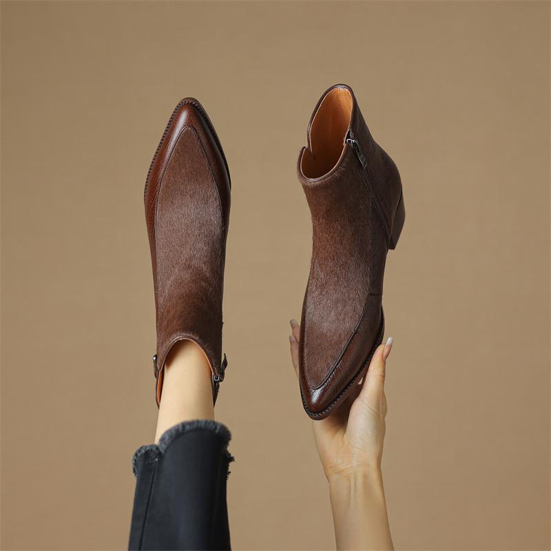 Fashion 2024 Autumn Horsehair Women Boots Pointed Toe Chunky Heel Shoes for Women Winter Short Boots Concise Women Boots Genuine Leather