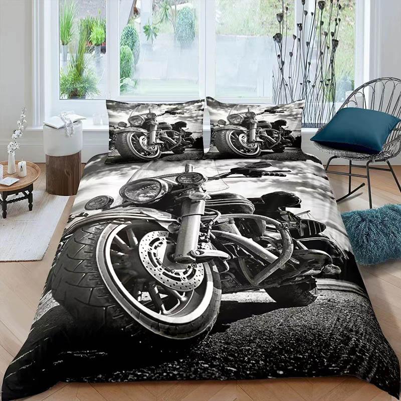 Letto con motivo a motocicletta con stampa 3D, set da tre pezzi di cuscini, letto matrimoniale grande, biancheria da letto per la casa