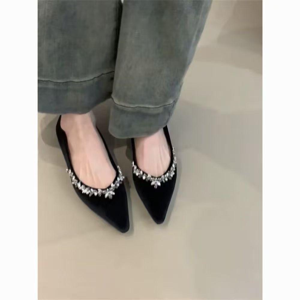 Spring pointed flat-soled single shoes women's French rhinestone velvet shallow mouth soft sole pure desire wind sweet commuting wedding shoes