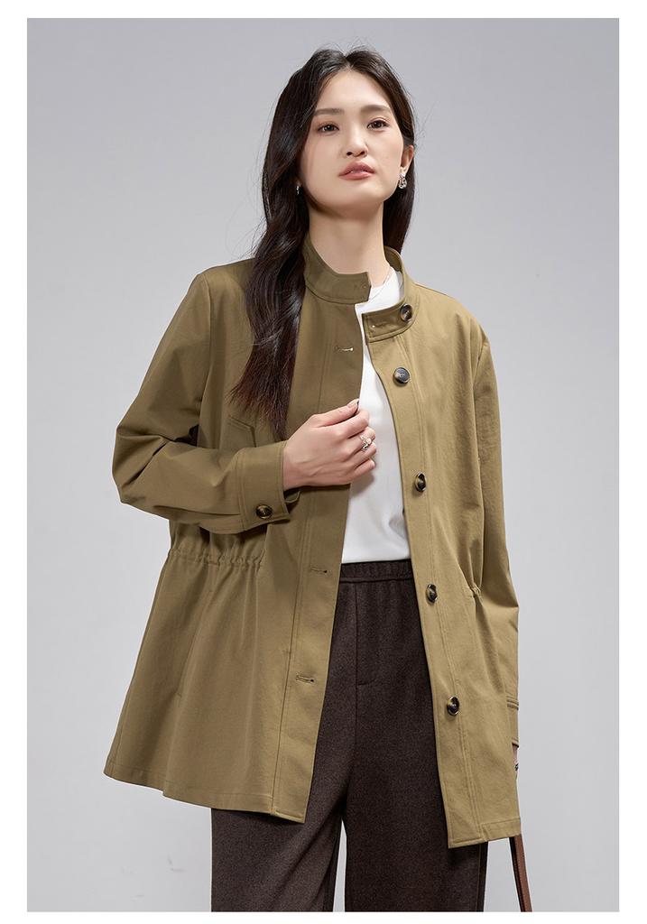 Casual drawstring stand up collar jacket, women's small waist windbreaker, loose top