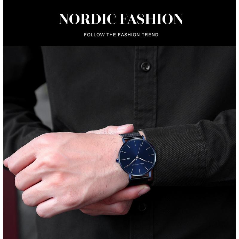 Japanisches Uhrwerk Wasserdichtes Blaues Stahlband Mode Trenduhr Trendige Herren Koreanische Version Schlicht Ultradünn Kalender Herrenuhr