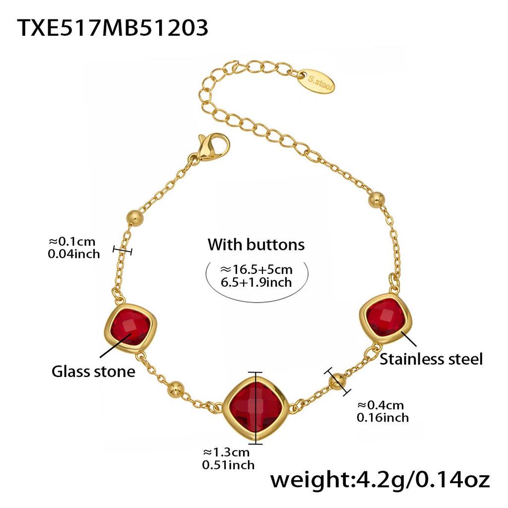 Geometric Glass Stone Earrings & Stainless Steel Bead Necklace Bracelet Set - Multi-color Patchwork Jewelry