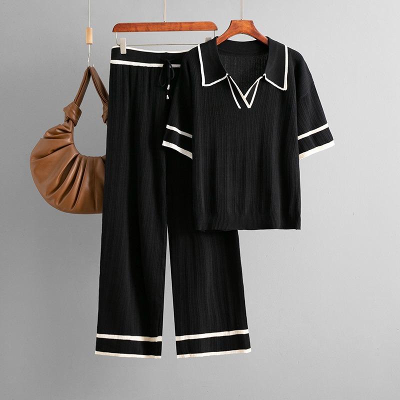 suit new summer dress olo collar short sleeve fashion casual loose high waist knitted two-piece set
