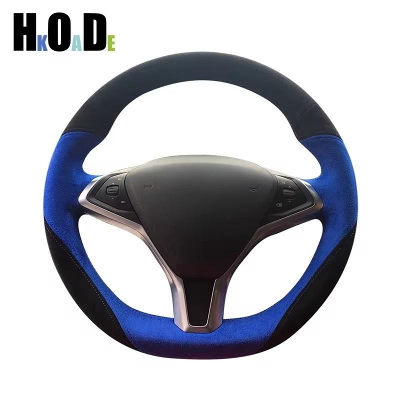 Car Steering Wheel Cover For Tesla Model X 2012-2018 S 2009-2018 Hand sewing Black Suede Steering Wheel Cover Gray Thread