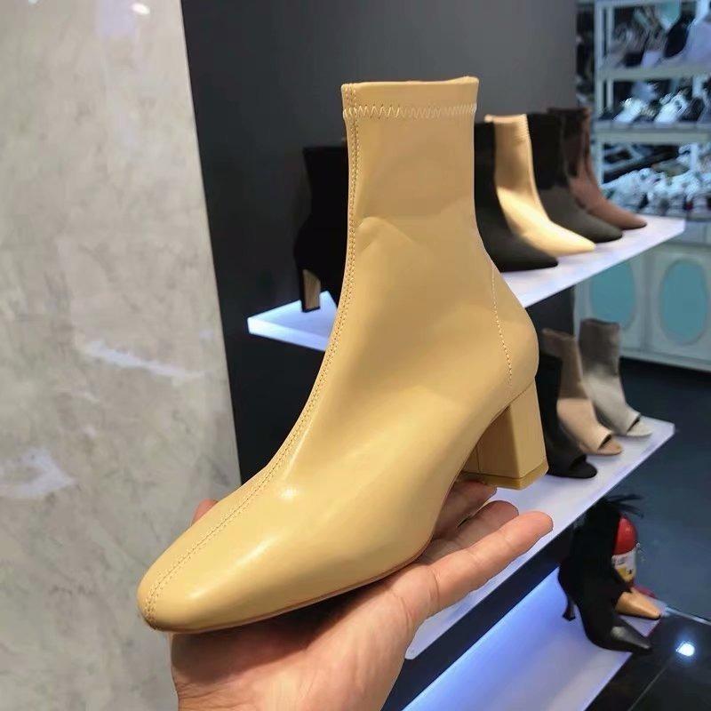 Korean  Autumn Winter New Women Boots Ankle Square Toe Mid-tube Thick-heeled Boots Women's Fashion High-heeled Women's Boots