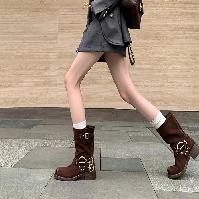 Mu Frosted Leather Retro Western Mid-Tube Boots – Autumn/Winter Thick Heel Knight Martin Style with Rubbed Colors