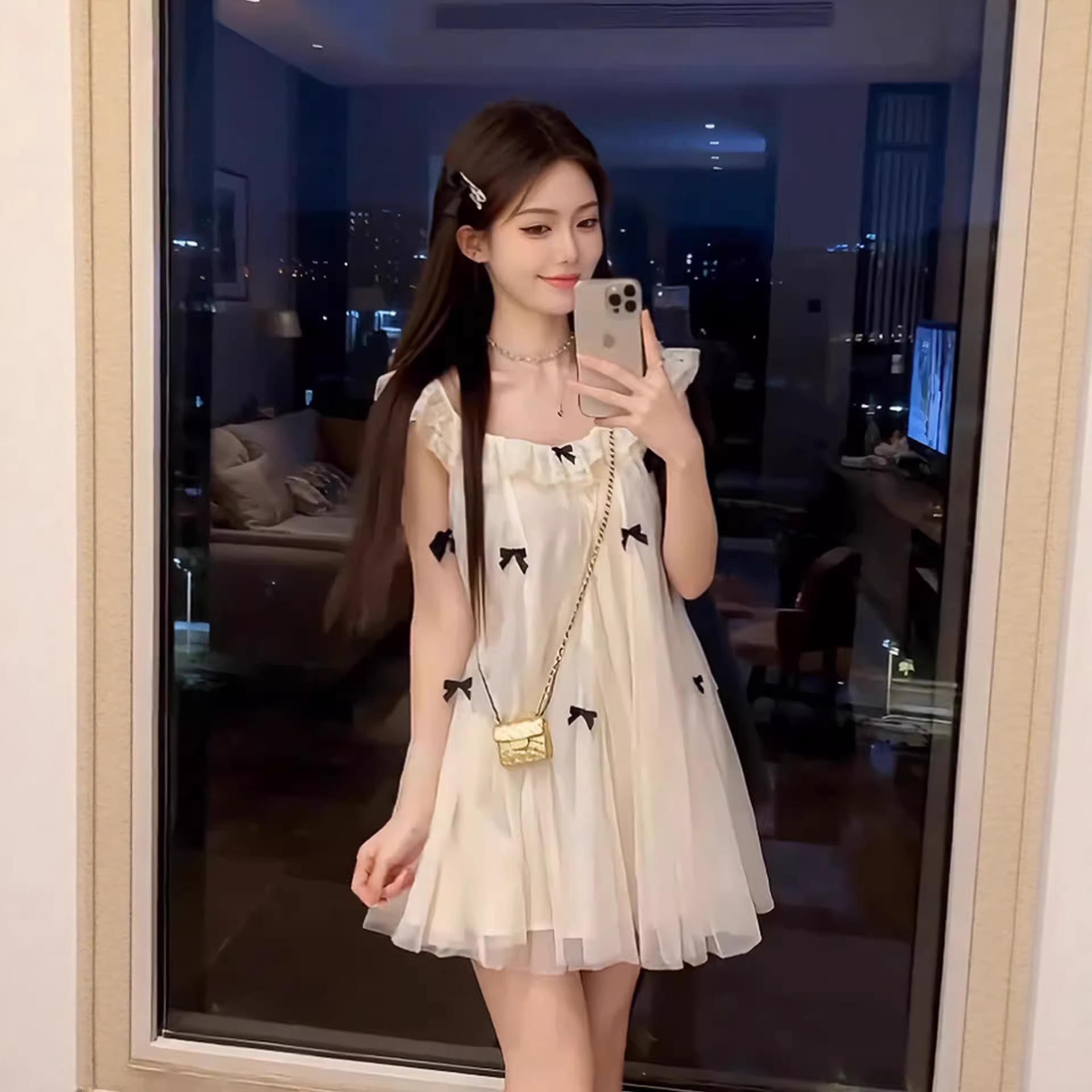 French Pure Desire Bow Dress: Heiress Style, Sweet Temperament, Petite Fit, Summer Doll Design Small абрикосовый