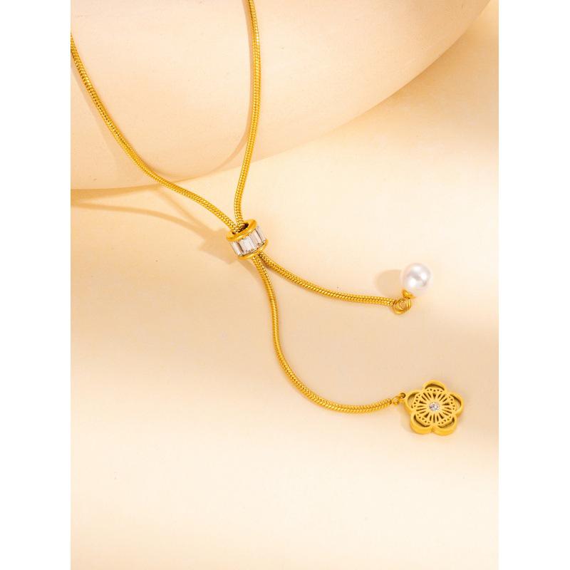 

Элегантная многослойная ключичная цепочка с подвеской в виде цветка из белой раковины - Ожерелье из титановой стали для женщин.