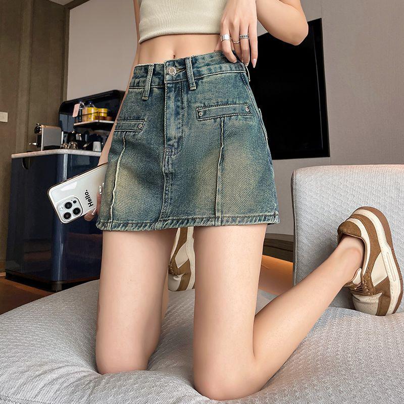 Women's Vintage Denim Skort High Waist A-Line Mini Skirt Anti-Chafing Casual Summer Retro Washed Short Skirt