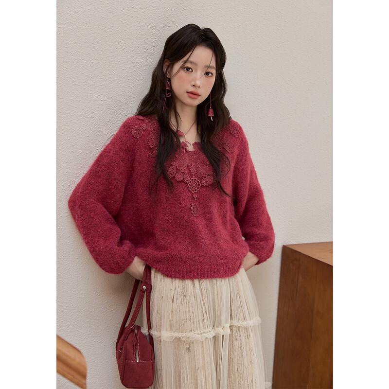 Mii Show Women s Lace Trim Wool Blend V-Neck Sweater M