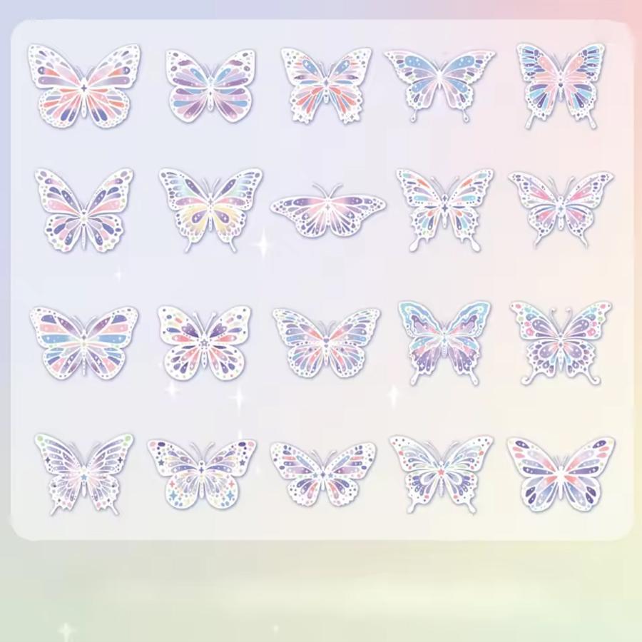 20Pcs Butterfly Scrapbook Stickers Kit Holographic PET Transparent Waterproof Stickers Set for Junk Journal Journaling
